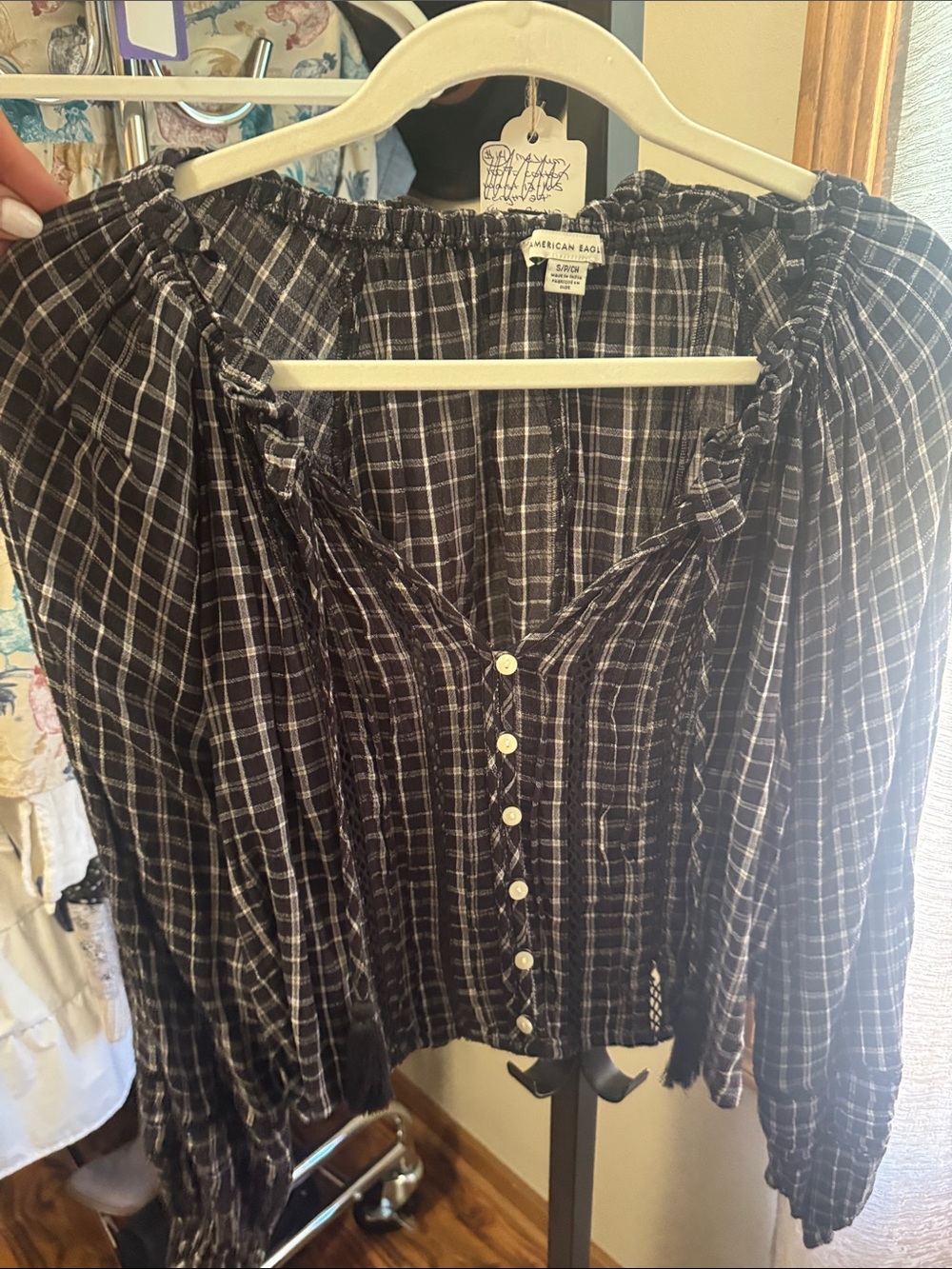 American Eagle Outfitters Black and White Plaid Button-Front Peasant Blouse